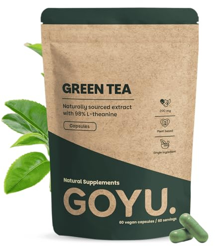 GOYU Grüner Tee Extrakt Kapseln 200 mg (L Theanin) 60 Capsules - 98% L-Theanin l Theanin – Fokus & Konzentration - Vegan - Ohne Zusätze - Laborgeprüft - 60 Tage Vorrat pro Beutel