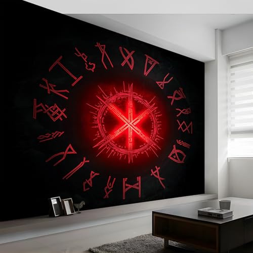 Papel pintado no tejido Negro y rojo, para Papel pintado no tejido muebles 300 x 210 cm baño dormitorio Papel Pintado Habitacion Salon Cocina Lavable Vikingo Brillantina Runa Fotomurales Decorativos