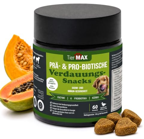 Tiermax Prä & Probiotische Verdauungs Hunde Leckerlis – 60 weiche Hundeleckerlies – Verdauung & Darmflora – Premium Qualität & Natürlich – Leckerli Hund mit hoher Wirksamkeit