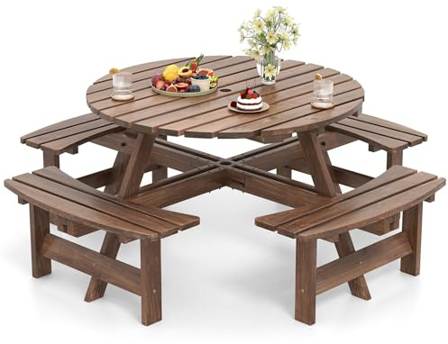 COSTWAY Picknicktisch Set für 8 Personen, Gartentisch aus Holz mit Schirmloch & 4 Bänken, Terrassenmöbel, Gartenmöbel, runde Sitzgruppe, Sitzgarnitur für Garten, Terrasse (Braun)