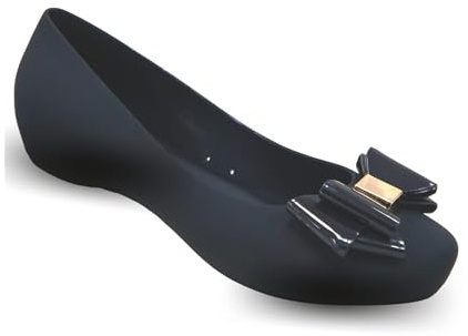 Gizelle Womens Black Jelly Ballet Flats with Bow - Ladies Comfy Slip-On Shoes Casual Wear Every-Day Jelly Ballerina Pumps, 8 UK