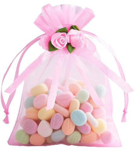 G2PLUS Organza Gift Bags with Pink Rose for Wedding Favour, 10x12cm, 30PCS | Wedding Favour Bags, Drawstring Organza Bags, Jewellery Pouches for Weddings, Anniversaries, Birthdays and Parties