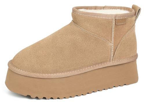 HORMAUWORD Mini Boots for Women,Platform Ankle Snow Boots Womens,Genuine Suede Winter Boots with Cozy Stretch Wool Insole,Anti-Slip Pull-On Short Booties