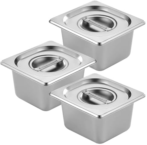 Panier-Set aus Edelstahl 3-teilig, Gastronormbehälter Edelstahl mit Deckel, 17.6x16.2x10cm Panierstraße Rechteckig, Panierschalen Set , 1/6 Größe 10 cm Stapelbar Panierset Für Speisen Torten Food