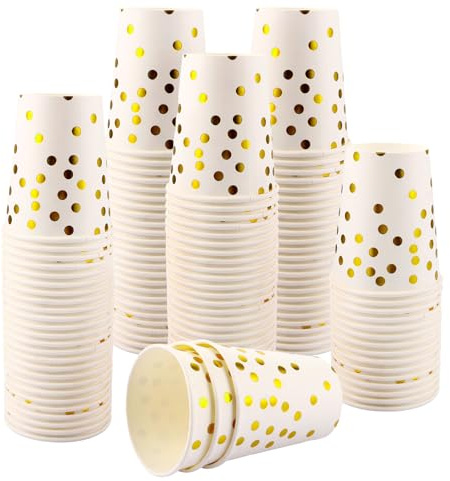 VIDETOL 150 Stück Pappbecher Golden Dot, 9 OZ/250ml Papptrinkbecher, Partybecher Trinkbecher für Party, Hochzeit, Hochzeitsparty
