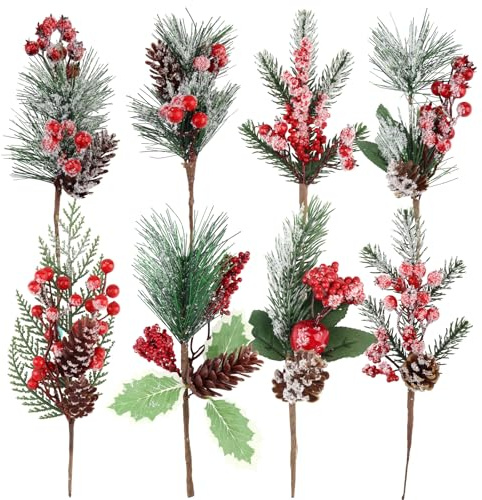 chenyu Pino de Navidad 8 Piezas Ramas de Abeto Artificial con Bayas y Conos de Pino para Manualidades Decoración Interior y Exterior Decoración Navideña de Ramas