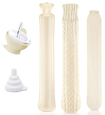 Ilauke Wärmflasche, Extra Lange Heißwasserflasche mit weichem Bezug 2 Liter, 75cm Hot Water Bottle Bettflasche Schlauch- Nackenwärmflasche mit Einem Wassertrichter, Zusätzlich ein Baumwollbezug