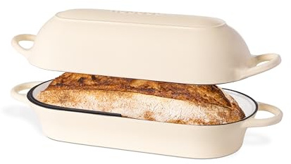 Enamelled Cast Iron Bread Loaf Pot – Dutch Oven For Sourdough Bread Baking – Oven Safe Non Stick Bread Pot – Rectangular, Cream, 34cm x 16cm – by Nuovva