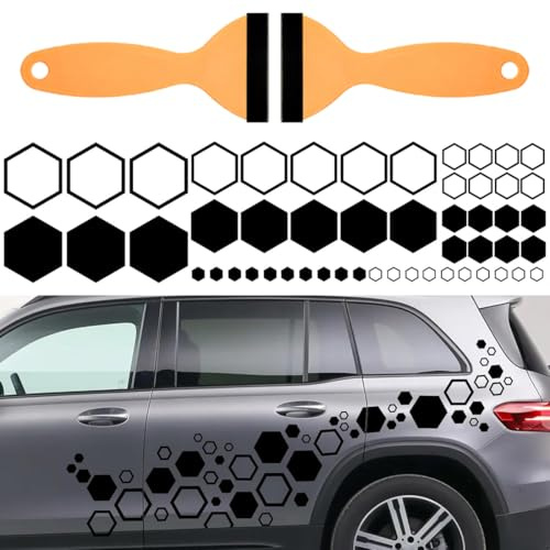 YUVKIN 52 Stück Auto Aufkleber im Waben-Muster + 2 Trapez-Schaber – Auto Racing Karosserie Dekoration, Waben-Design Streifen für Autos, SUV, LKW & Geländewagen (Schwarz)