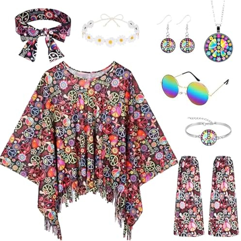 JRTYMLU 10 Stück Hippie Kostüm Damen Set,Faschingskostüme Damen 60er 70er jahre Outfit mit Beinstulpen Haarband,für Karneval Disco Party Cosplay Mottoparty Halloween(Farbe: Braun)