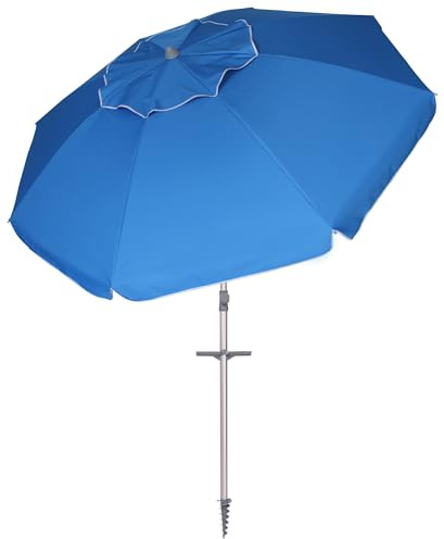 Fiore Design Ombrellone da Spiaggia Soffietto Antivento Ø 220cm Palo Inclinabile in Alluminio e Telo in Poliestere Azzurro Con Trivella in Plastica e Sacca Trasporto Protezione UV