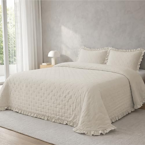 Victorio & Lucchino – Colcha Lavada Termosellada con Volante – Incluye Fundas de Cojín – Colcha Decorativa Moderna (Amara - Beige, Cama 90 cm)