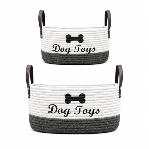 2PCS Dog Toy Basket, Dog Toy Box Organizer Baskets, Woven Cotton Rope Basket, Puppy Dogs Toy Bin With Handle, Dogs Toy Bin for Dog Supplies, Blankets, Leashes for All Pet (28*20*14CM)(33*23*18CM)
