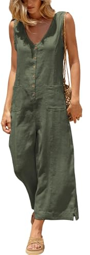 Omoone Womens Cotton Linen Dungarees Button Down Sleeveless Casual Jumpsuit | Side Pockets, Wide Leg Pants, Loose Fit, Adjustable Back Tie, V-Neck, Maternity-Friendly, Summer Beach Holiday Travel