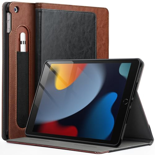 JETech Business Hülle für iPad 9./8./7. Gen 10,2, Schwarz/Braun | Für iPad 10,2 (2021/2020/2019), PU-Lederdesign, Stifthalter & Tasche, Mehrwinkel-Betrachtung