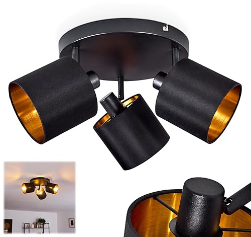 HOFSTEIN Deckenleuchte Alsen, Deckenlampe aus Metall/Stoff in Schwarz/Goldfarben, verstellbare Leuchte im Retro/Vintage-Design (Ø Schirme 12 cm), 3 x E14, Esszimmer, Schlafzimmer, Wohnzimmer, Küche
