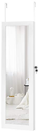 COSTWAY Armoire à Bijoux Mural avec Miroir et Lumière LED, Accrochable à la Porte, Inclus Miroir Long pour vous Habiller, Blanc, 37 x 8,5 x 120 cm (L x l x H)