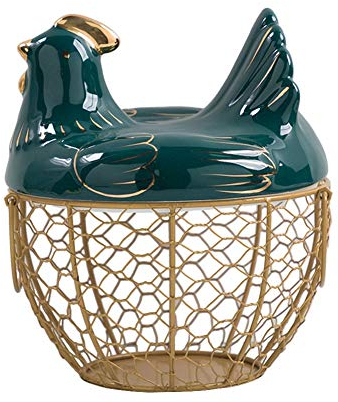 Porta uova a forma di gallina, in ceramica e rete metallica, elemento decorativo da cucina, per contenere uova, snack, frutta, colore: oro e verde