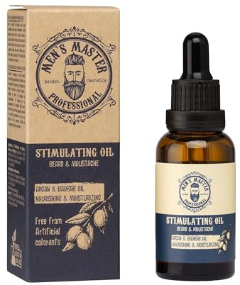Men's Master Aceite Estimulante para Barba y Bigote | Aceite para Estimular el Crecimiento de la Barba | Hidratante y Nutritivo | Cuidado de la Barba Vitamina E | Sin Colorantes Artificiales | 30 ML