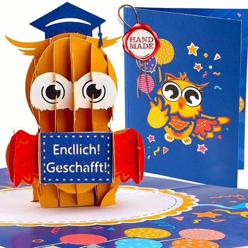 Liebessa® 3D Pop Up Karte - Eule mit Doktorhut - Endlich! Geschafft! Geschenk zum Abi, Bachelor, Master, Meister, Schulabschluss, Doktor, Uni, Abschlussprüfung (Farbig)