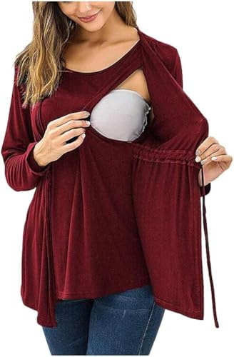 KKPW T-Shirt Maternité Manches Longues Blouse Femme,Rouge,M