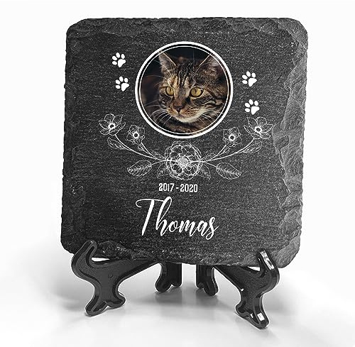 TULLUN Individueller Personalisiert Natürlich Tiergrabstein Schiefer Gedenkstein + Ständer für Hund, Katze, Kaninchen und andere Haustiere - Größe 10 x 10 cm - Blumen