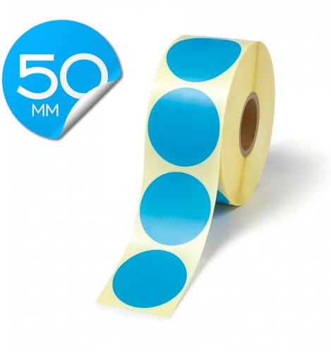 Prolac Markierungspunkte – 1000 Stück Bunte Klebepunkte auf Rolle, 50x50 mm - Blau, Glue Dots, Selbstklebende, Runde Aufkleber perfekt für Kennzeichnung im Büro, Sticker rund