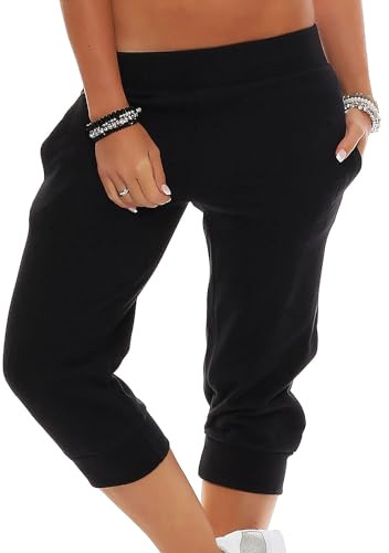 Gennadi Hoppe 3/4 Damen Sporthose Baumwolle Dreiviertel Hose Capri Shorts Frauen Knielang - Jogginghose/Trainingshose für Sommer Lässig Fitnesshose wadenlang, sportlich, figurbetont schwarz L H6606