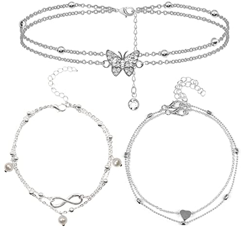 3 Stück Boho Fußkettchen Set, Verstellbare Zweireihige Fußkette, Wasserfestes Modeschmuck für Frauen Mädchen - Strand Style