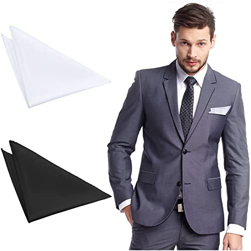 Jadive 2 Stück Seiden Satin Taschentücher Herren Einstecktuch für Hochzeit Party Einfarbiges Taschentuch Geschenk, Schwarz, Weiß