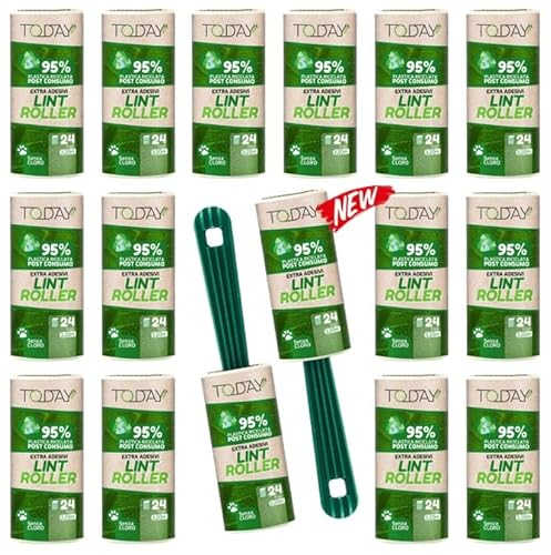 Today Eco - Lint Rollers 95% Recycled 16 Rolls + 2 Handles + Cover. Post-Consume Plastic Lint Remover for cat and Dog Hair, Extra Sticky pet Hair Remover