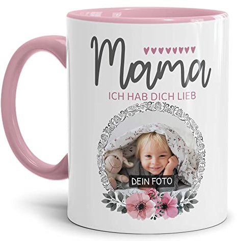 Tassendruck Tasse für Mama mit Foto personalisieren - Mama ich habe dich lieb - Persönliches Geschenk für Mama, Mutter Geschenkidee | Personalisiertes Geschenk, 300ml, Innen & Henkel Rosa