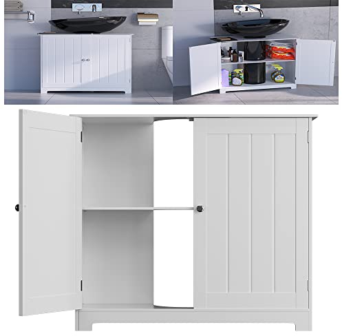 Meuble de rangement sous évier en MDF blanc avec double porte étanche sous évier, meuble de rangement moderne avec étagères, meuble de rangement sur pied pour lavabo – H 60 cm