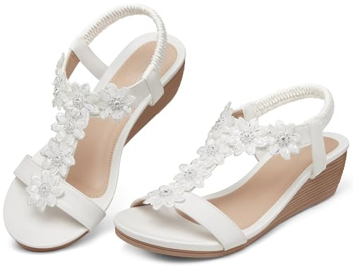 SHIBEVER Wedge Sandals for Women Dressy: White Size 8 Summer Open Toe Dress Sandals - Comfortable Ankle Strap Low Wedges Womens Sandal