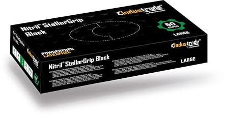 Industrade by Meditrade NITRIL StellarGrip Black Nitrile Industrial Gloves - Diamond Texture for Enhanced Grip - Powder & Latex Free Disposable Gloves - 6.5g Thickness - Large - 50pcs