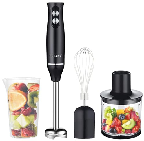 Hand Blender 4- in- 1 Immersion Blender Handheld, Stick Blender Electric with Stainless Steel Blending Shaft, Food Chopper Container, Milk Frother Egg Whisk for Smoothies, Soups, Sauces, Baby Food