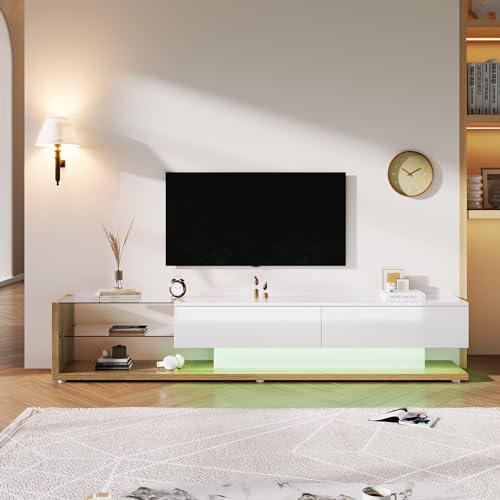 KecDuey TV Schrank 170cm, Lowboards, Hochglanz Wohnzimmermöbel TV Kommode mit Glastrennwände und Variable LED-Beleuchtung,natürlichen, rustikalen Stil mit modernem Design (Weiß + Holz)