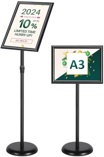 WenYa A3 Sign Holder, Aluminium Poster Stand with Stable Round Base, Black | A3 Size Interchangeable Advertising Stand, Adjustable Floor Display for Restaurant Shopping Mall Showroom Hotel Office School