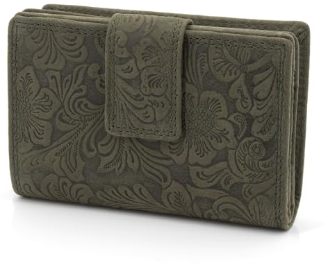 ekavale Damen Geldbörse aus Leder mit RFID-Schutz, Geldbeutel für Moderne Frauen Blüten Muster (Grün)