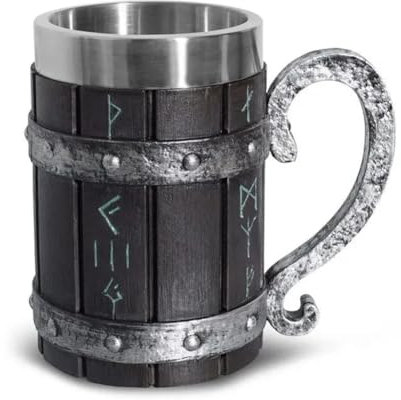 Desikixudy Nouvelle chope à bière Viking Rune, acier inoxydable 304, imitation résine, structure en bois, chope décorative nordique, tasse à café, facile à utiliser, noir