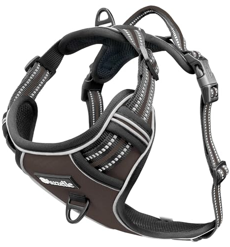 bluzelle Hundegeschirr für mittelgroße Hunde, Reflektierendes Brustgeschirr mit Griff & Tasche für GPS Tracker, Anti-Zug Hundeweste Hund-Warnweste, Atmungsaktiv Reflektor-Gurte, M, Braun