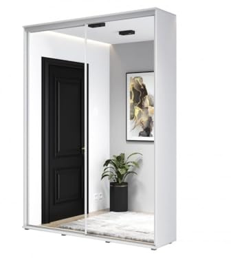 Meble Slupia - ZUZA 2 Garderobenschrank - Kleiderschrank mit Spiegel und Schiebetüren - 100x242x45cm - Kleiderstange Schrank - für Schlafzimmer, Flur - Laminierte Platte, Weiß
