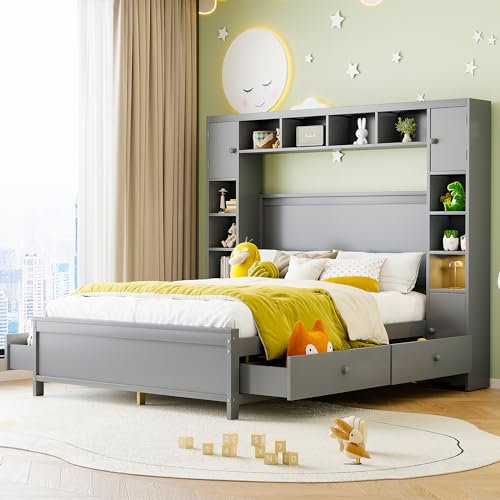 MYBOO Doppelbett 140x200cm, Modernes Stauraumbett mit 4 Schubladen und großem Stauschrank, Bettrahmen Bettgestell Holzbett mit Lattenrost, Bett mit Gestell aus Massivholz, Grau, Ohne Matratze