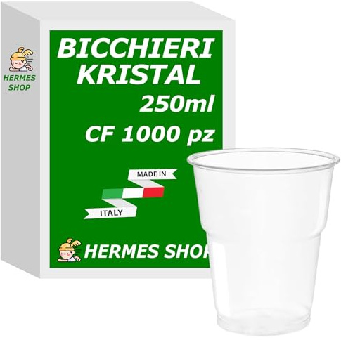 Hermes Shop - 1000 Bicchieri Kristal da 250 cc - Plastica Dura Trasparente - Bicchiere Usa e Getta 250 ml per Eventi e Feste, per Birra, Cocktail e Bar - Made in Italy - (20 cf da 50 Bicchieri)