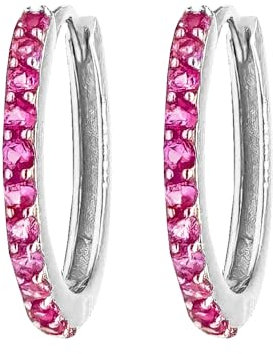 Hoops Collection - Par de pendientes de aro fucsia con brillantes de plata 925 rodiada, 12mm, Plata de ley, Circonia cúbica