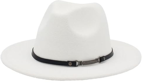 Fedora Hut Panama Hut breite Krempe Hut schwarz Ledergürtel Gebläse Kappe Filzhüte, weiß, 6 7/8-7 1/8