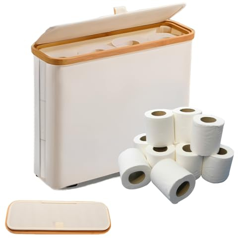Qivine Almacenaje Papel Higienico, Bambú Cestos Almacenaje Organizador Baño, 23L Cestas Almacenaje Baño Cesta con Tapa, Mueble Soporte Baño para 9-12 Rollos