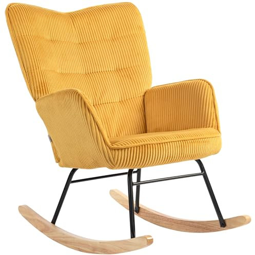 HOMCOM Schaukelstuhl, Schaukelsessel mit Kordoptik, Armlehne, Gepolsterter Sessel mit Holzkufen, Relaxsessel für Wohnzimmer, Schlafzimmer, bis 120kg belastbar, Gelb