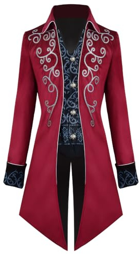 YORDET Steampunk Herren Frack Gothic Retro Mantel Mittelalter Renaissance Jacke Viktorianisches Gehrock Cosplay Halloween Kostüm (Rot, XL)