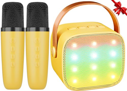 Mini machine de karaoké pour enfants avec 2 microphones, haut-parleur Bluetooth avec lumières LED et modificateur de voix, cadeau pour filles de 3, 4, 5, 6, 7, 8, 9, 10, 11, 12 ans et plus (jaune)